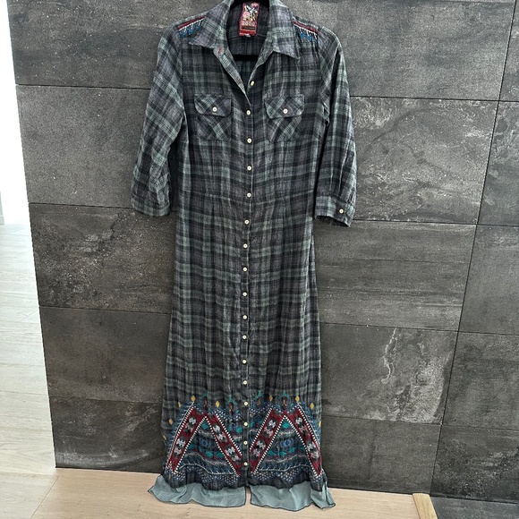 Johnny Was 3J Workshop Plaid Flannel Embroidered  Maxi Shirt Dress size S - Picture 1 of 11